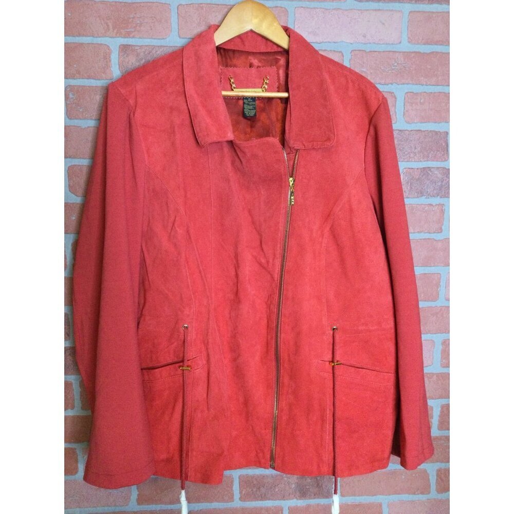 Iman Red Suede Moto Jacket Womens 3X Genuine Leather Gold Chain Accent Zip Front